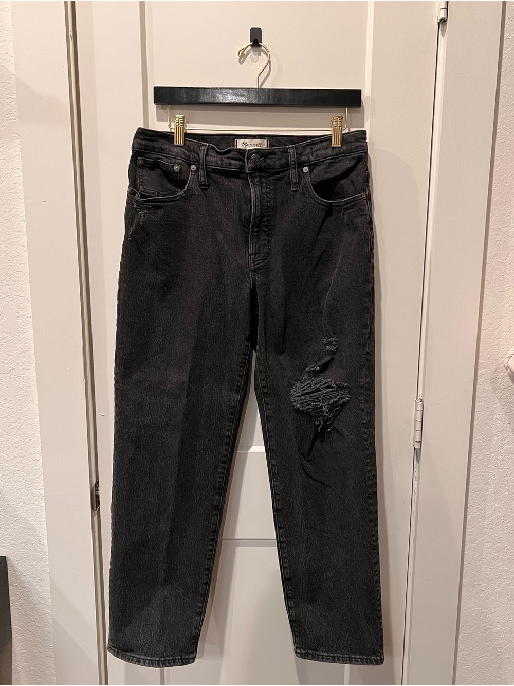 Madewell Washed Black Straight Leg Jeans with Knee Distress